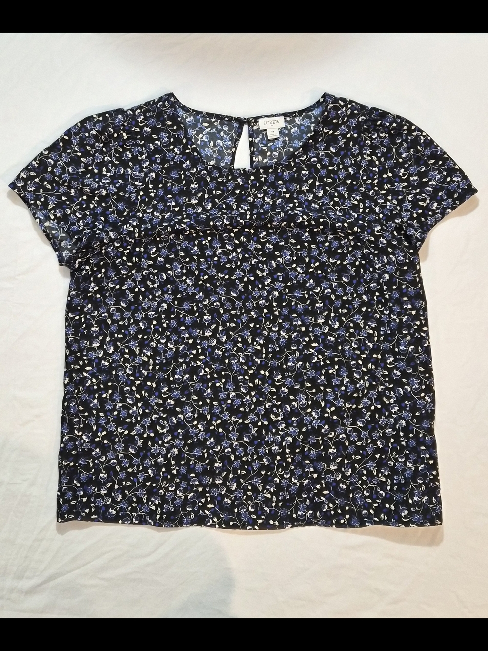 J.Crew Floral Print Short Sleeve Blouse Black and Blue Size Medium